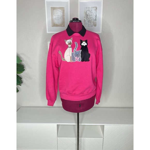 Jerzees Tops - Vintage 90's Jerzees Sweatshirt Women's L Cats Pullover Pink Collared